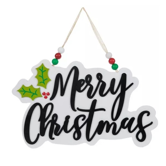 NWT- 15x17- White & Black Merry Christmas Wooden Decor Sign with beaded hanger - Picture 13 of 17